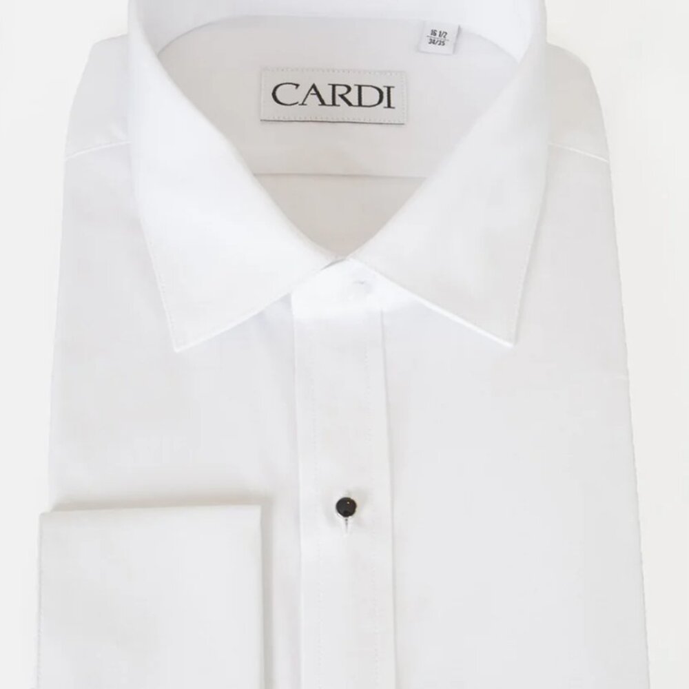 Non Pleated White Cotton French Cuff Laydown Collar Tuxedo Shirt Slim Fit